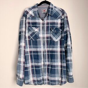Men’s Rugged Western Urban Cowboy Blue & Red Plaid Pearl Snap Button Shirt XL